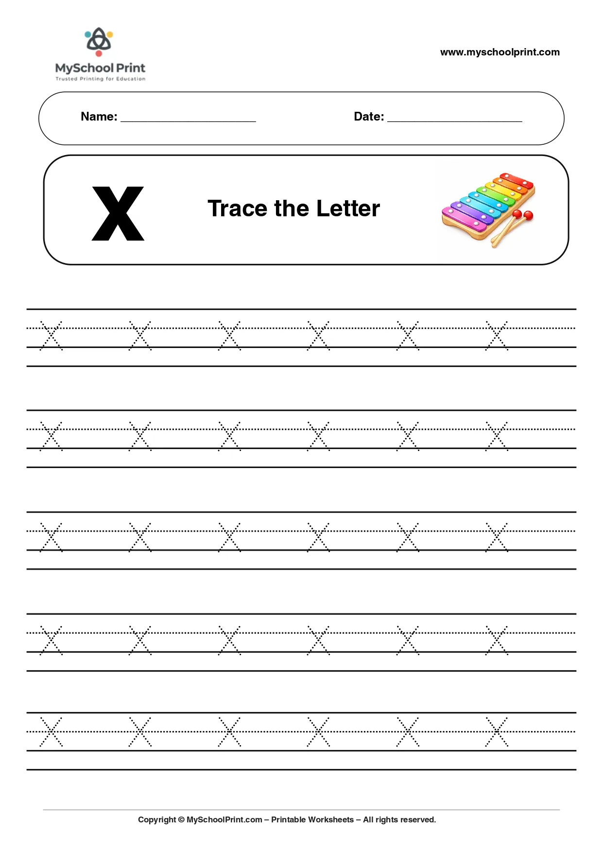 Lowercase letter x worksheet for preschool and kindergarten