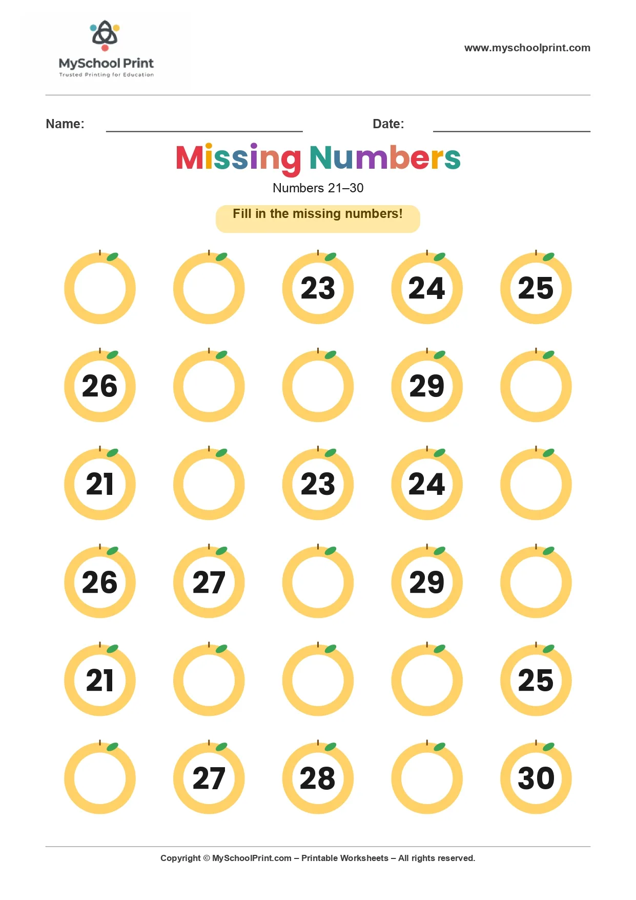 Missing numbers worksheet 24