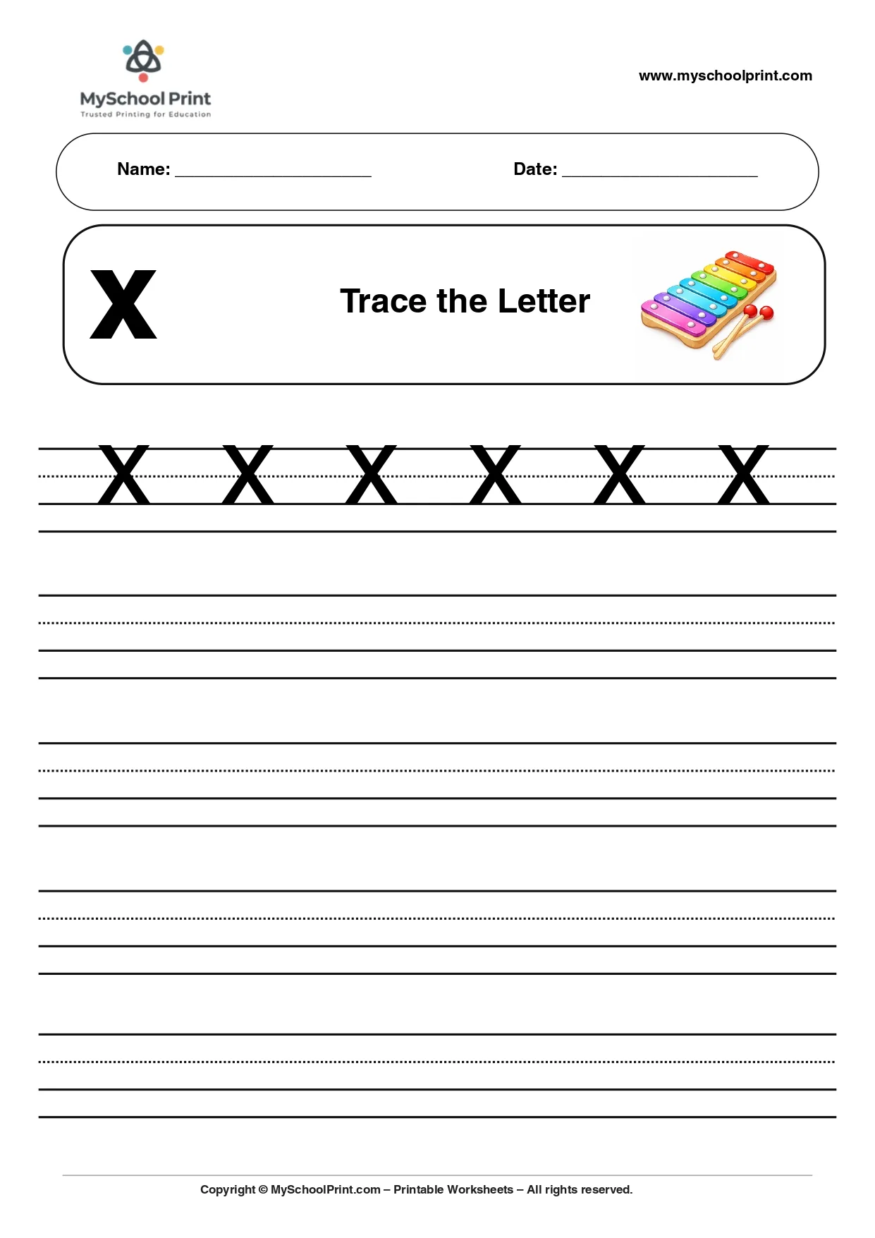 Solid lowercase letter x worksheet for preschool and kindergarten