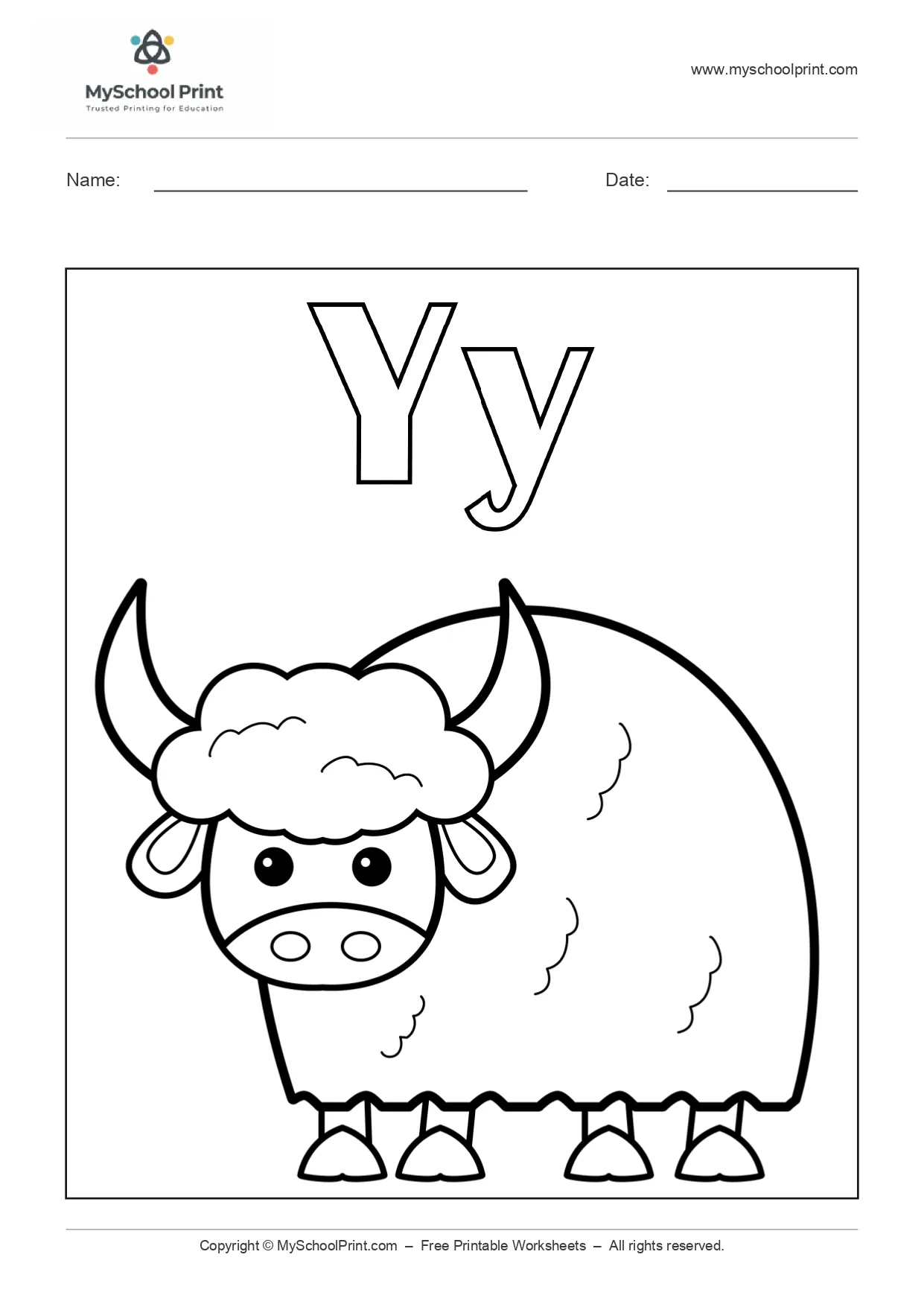 Alphabet letter y coloring worksheet