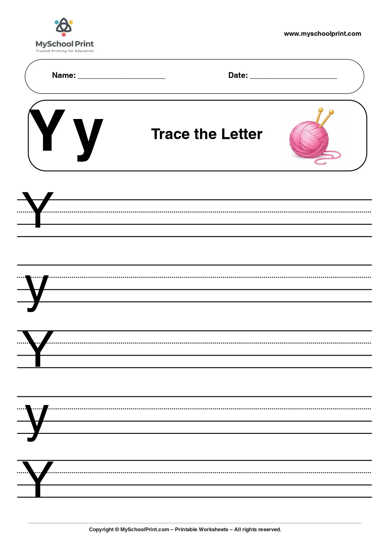 Uppercase and lowercase letter y worksheet