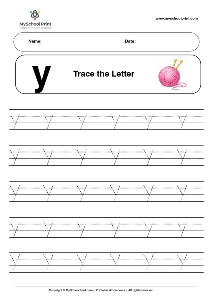 Lowercase letter y worksheet for preschool and kindergarten