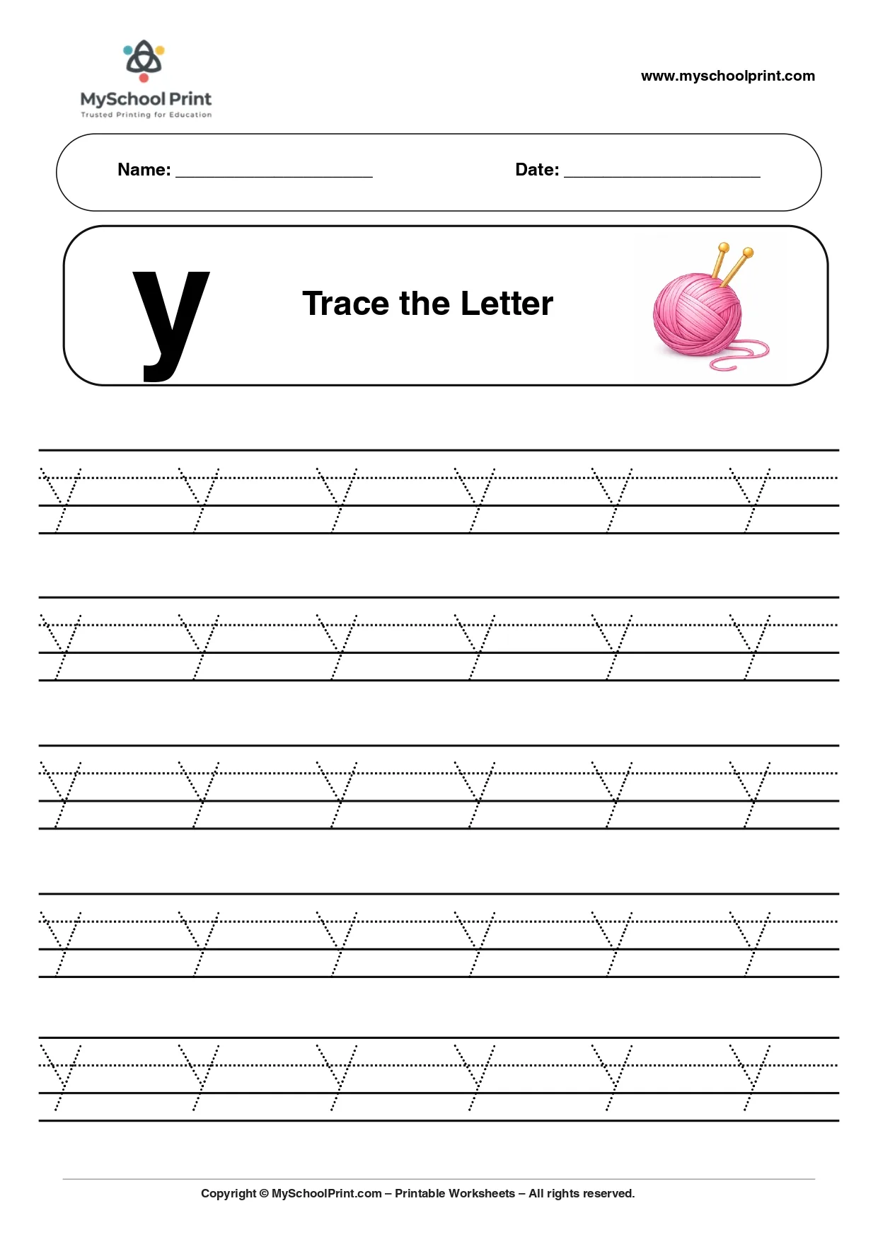 Lowercase letter y worksheet for preschool and kindergarten