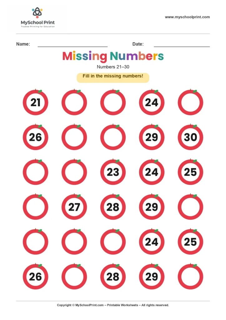 Missing numbers worksheet 25
