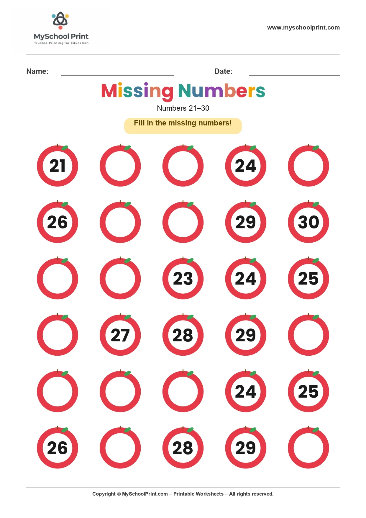 Missing numbers worksheet 25