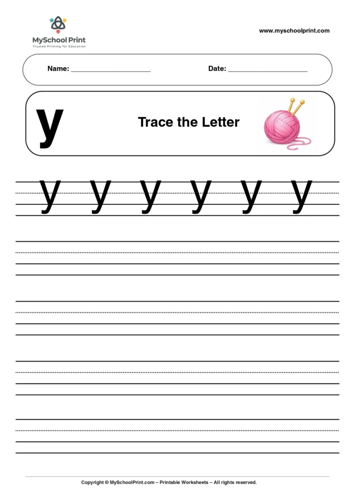 Solid lowercase letter y worksheet for preschool and kindergarten