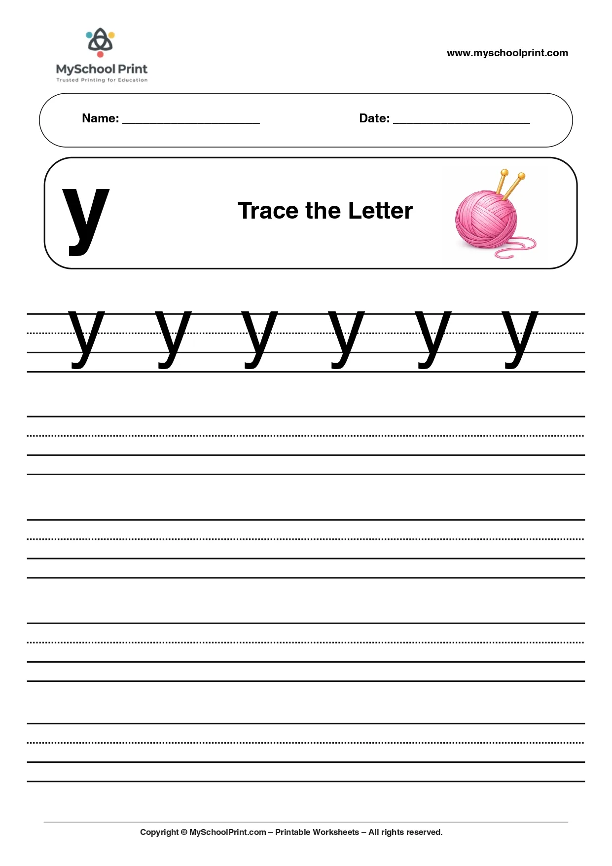 Solid lowercase letter y worksheet for preschool and kindergarten