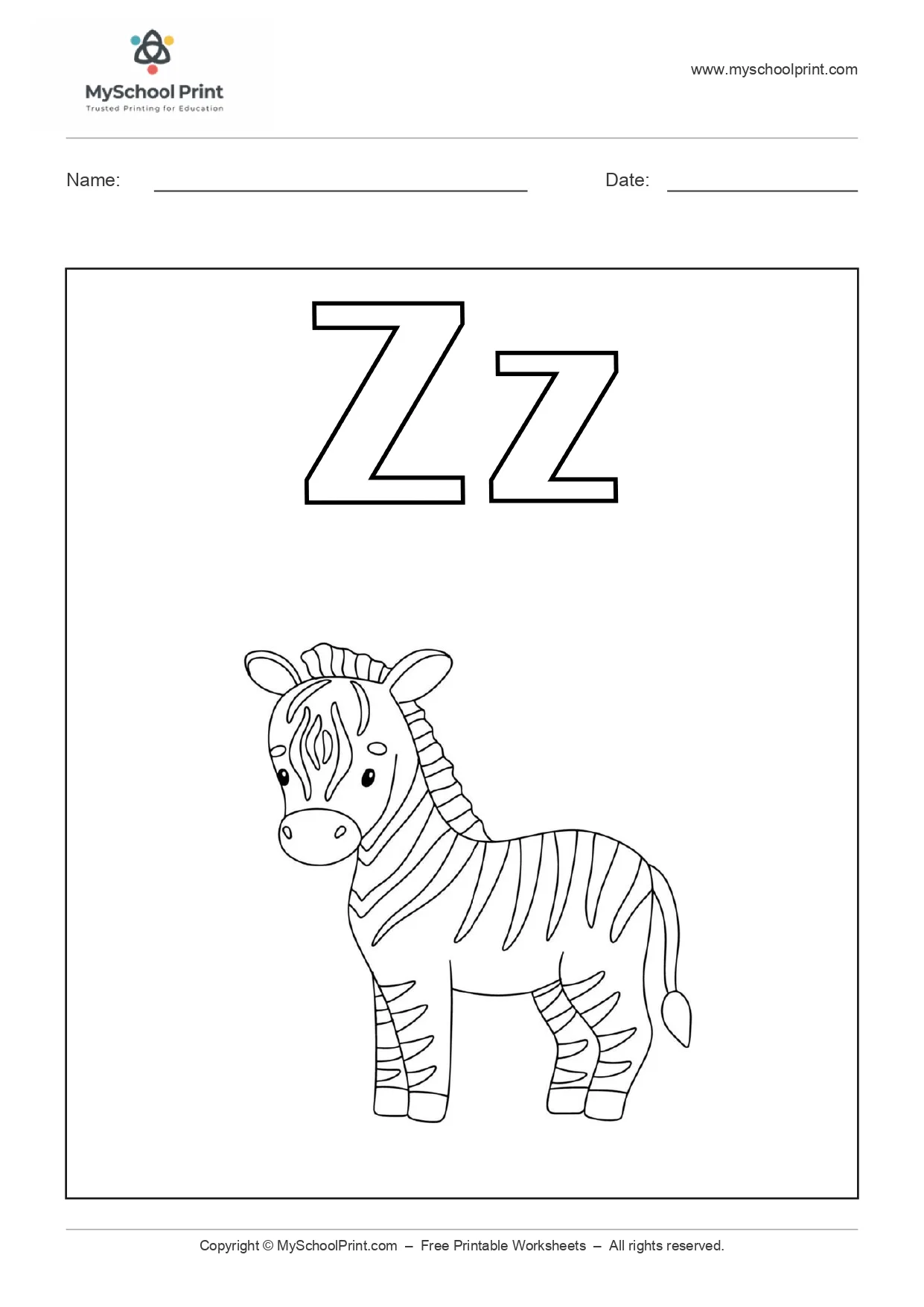 Alphabet letter z coloring worksheet