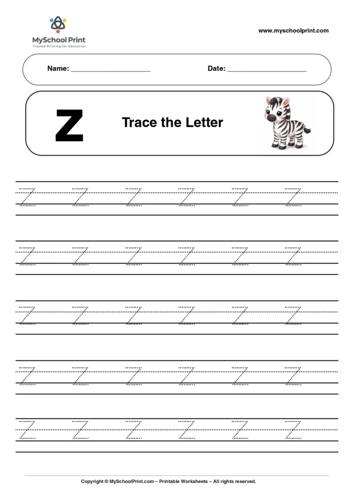 Lowercase letter z worksheet for preschool and kindergarten