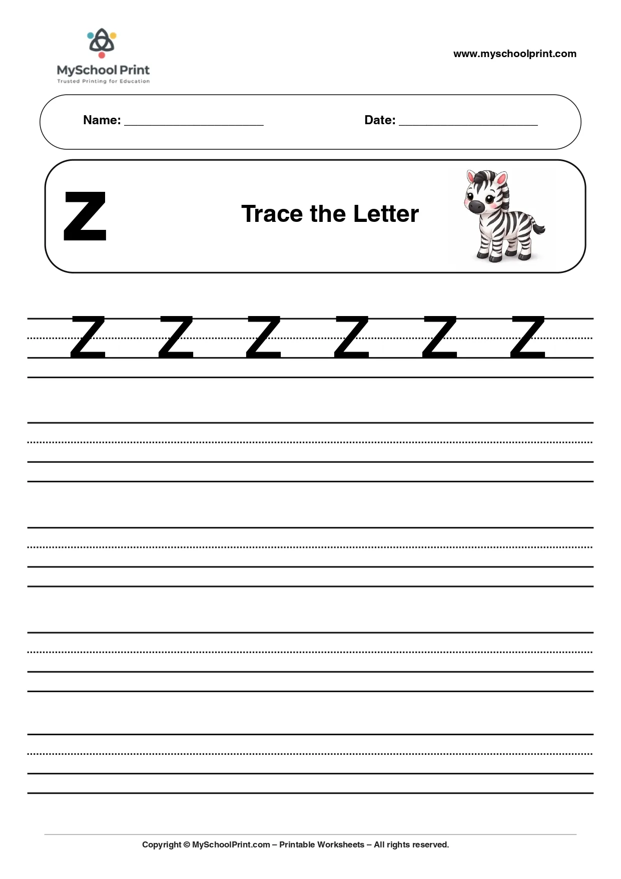 Solid lowercase letter z worksheet for preschool and kindergarten