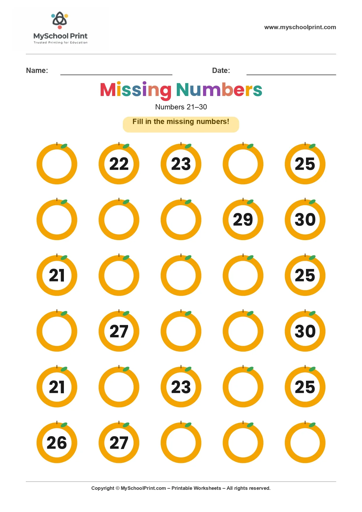 Missing numbers worksheet 27