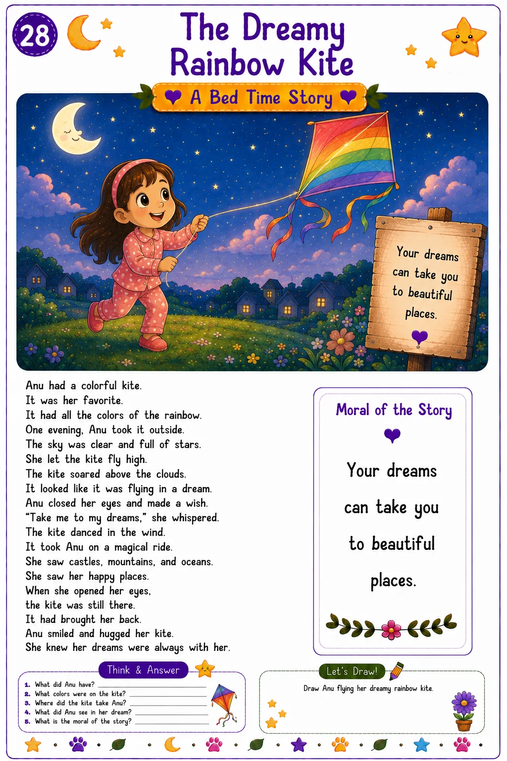 Printable story worksheet for kids before bedtime