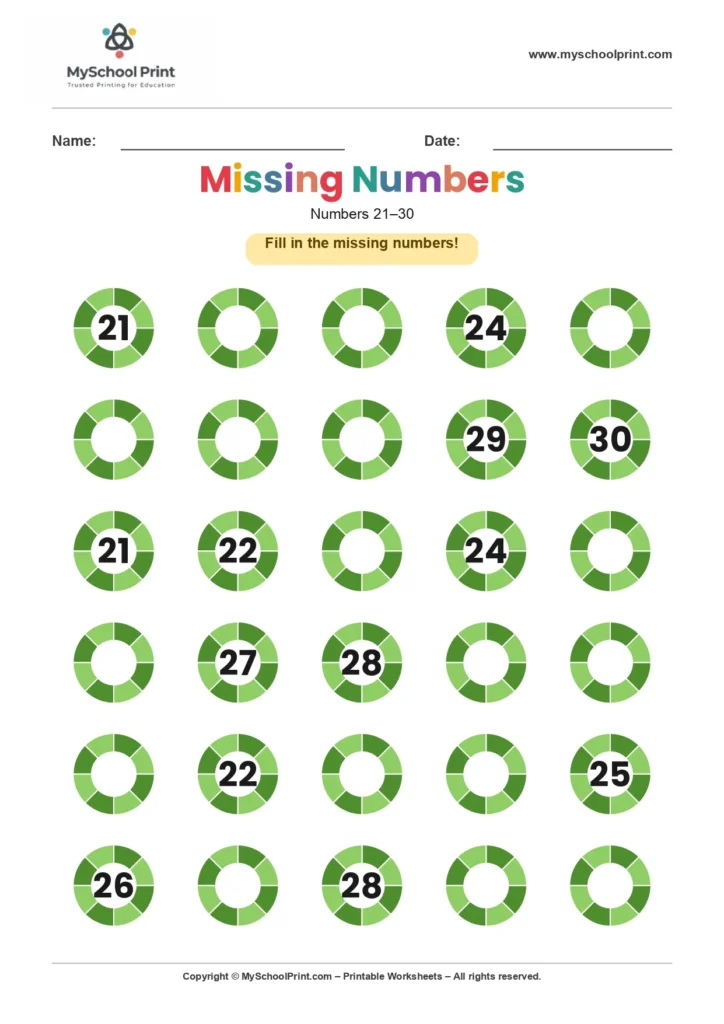 Missing numbers worksheet 30