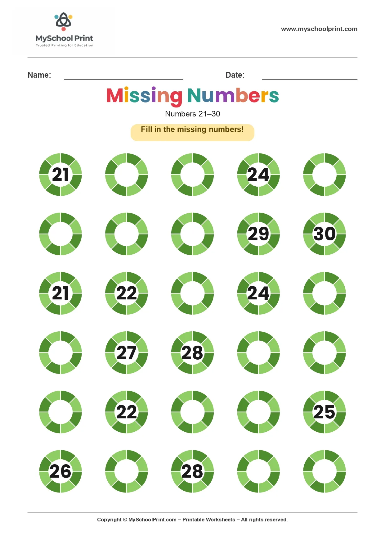 Missing numbers worksheet 30