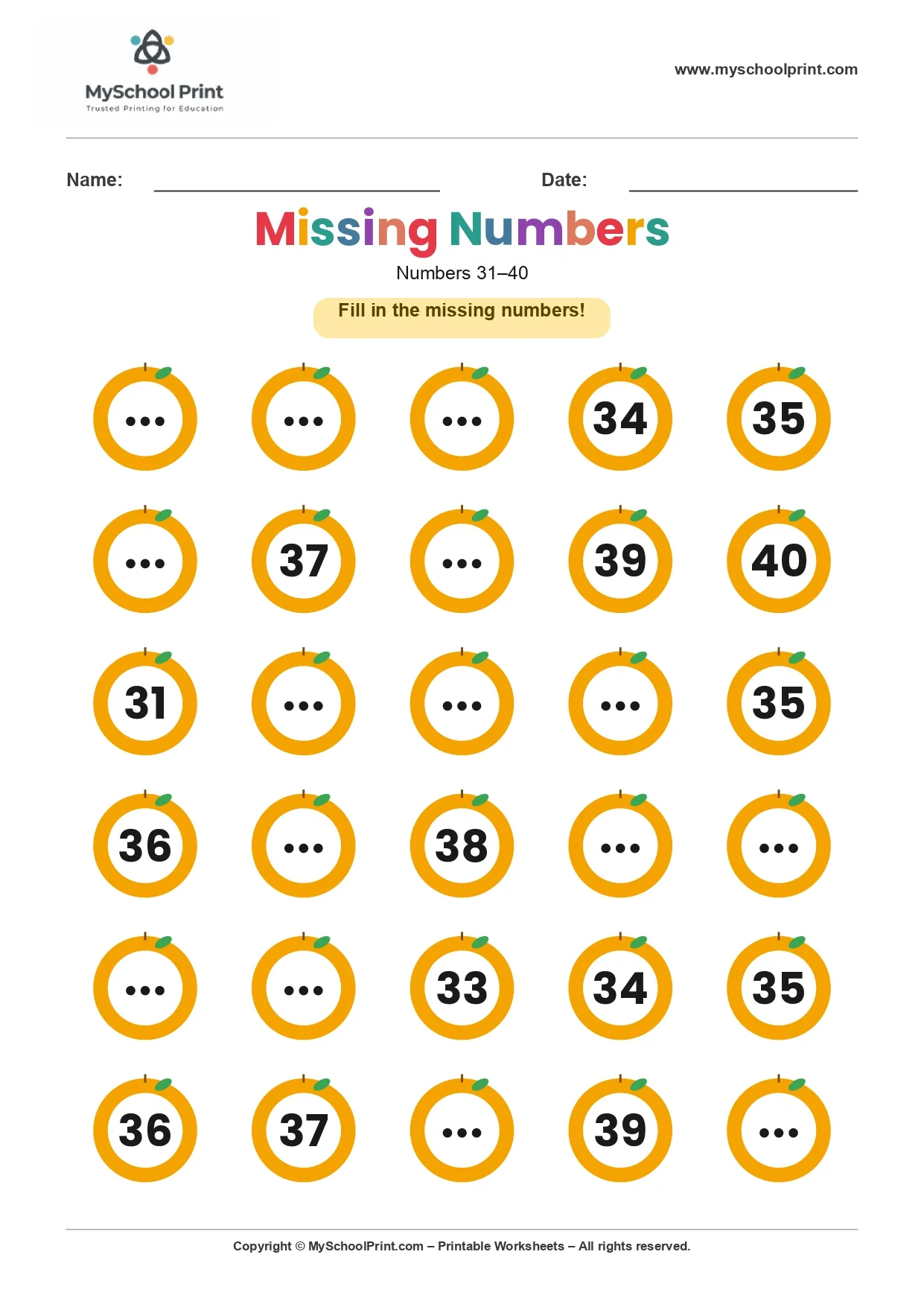 Missing numbers worksheet 31