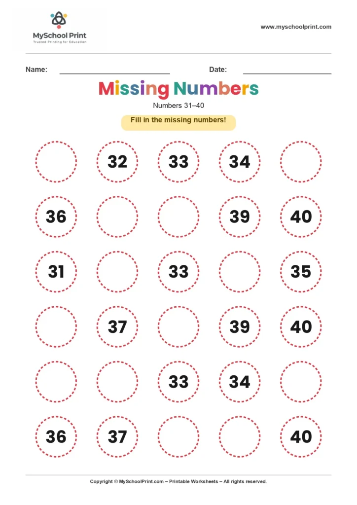 Missing numbers worksheet 33