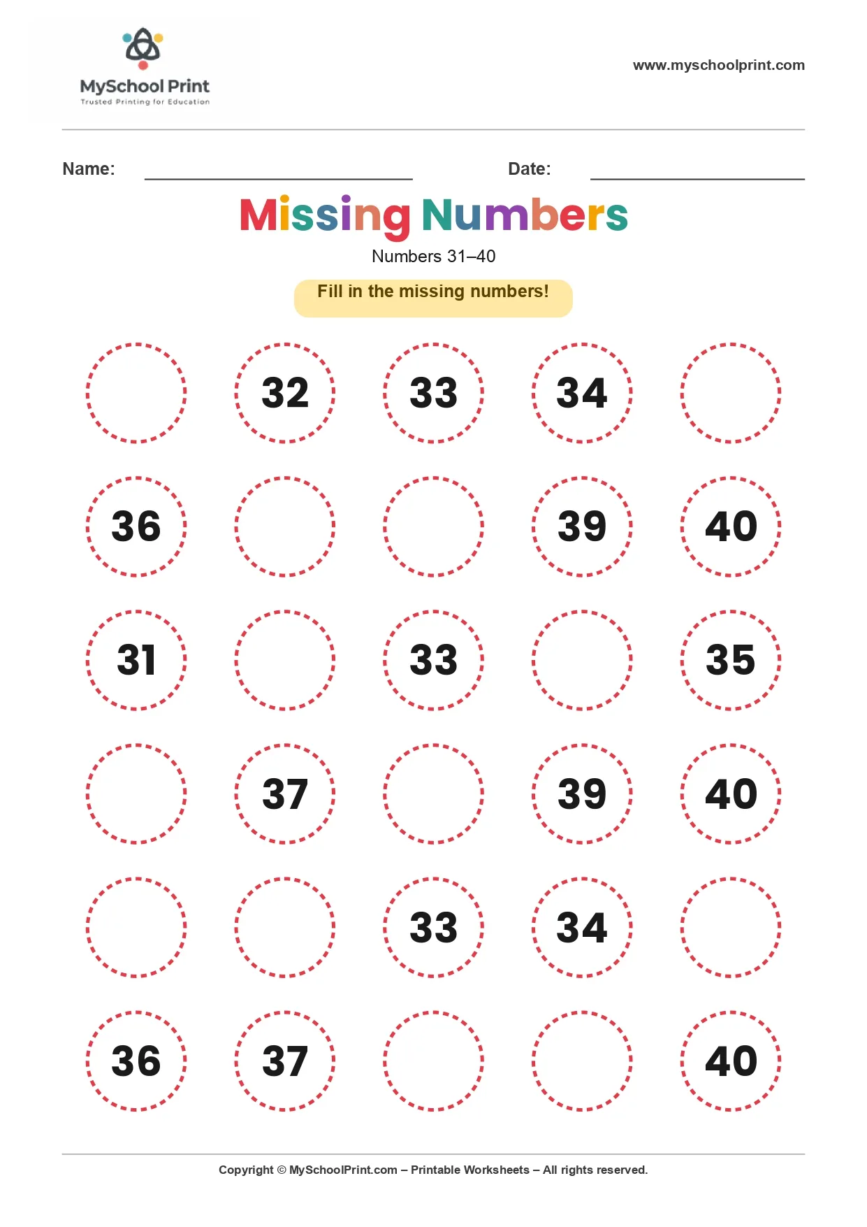 Missing numbers worksheet 33