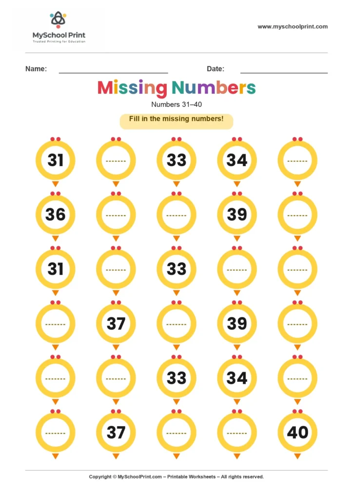 Missing numbers worksheet 34