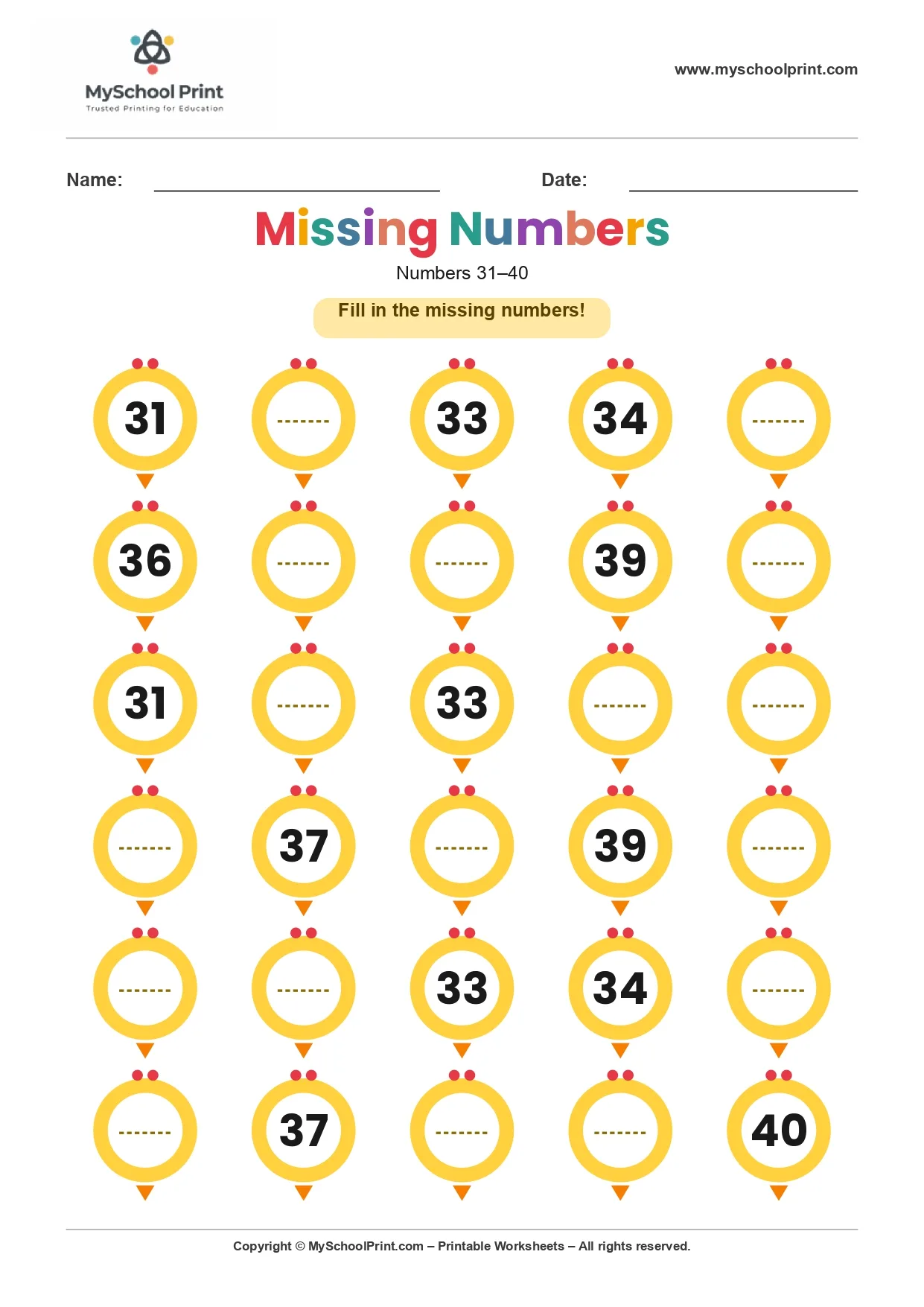 Missing numbers worksheet 34