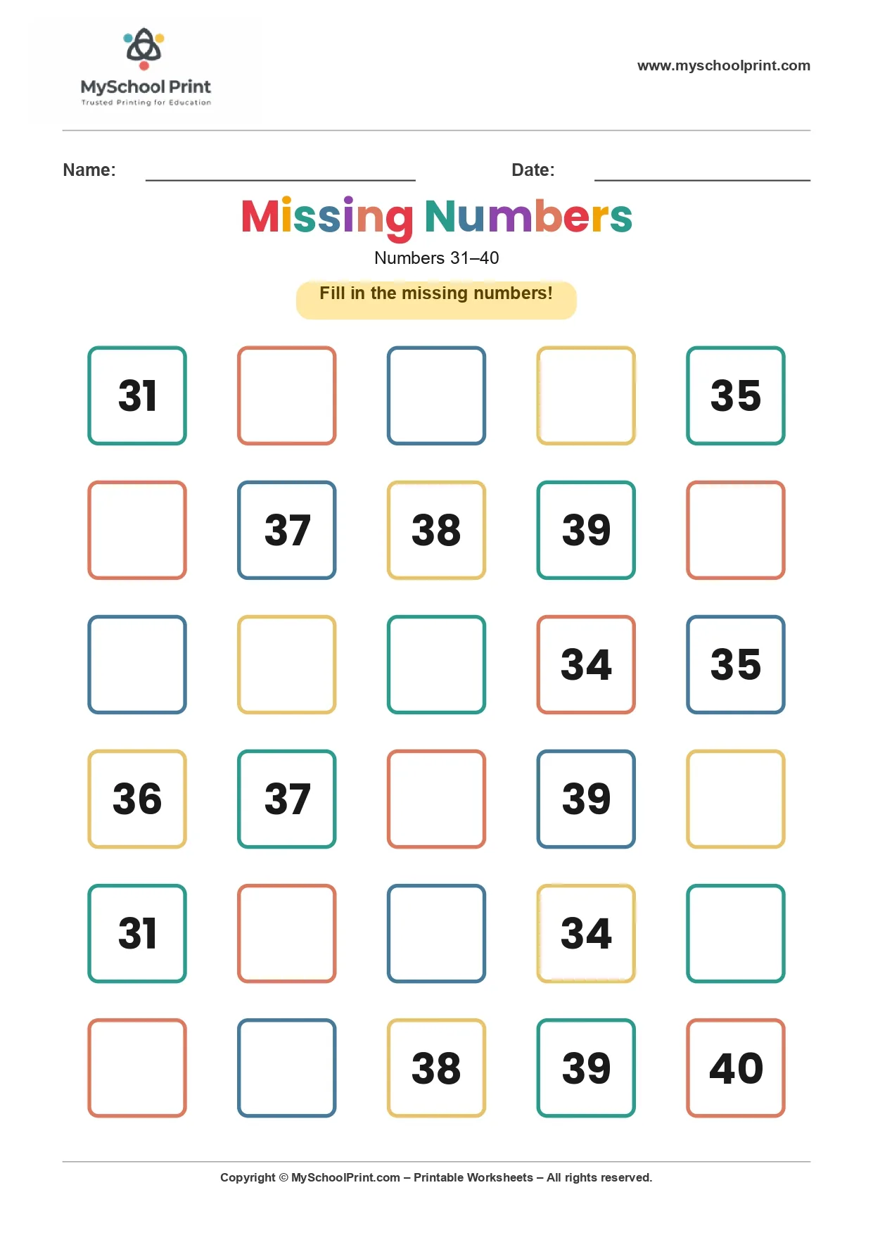 Missing numbers worksheet 35
