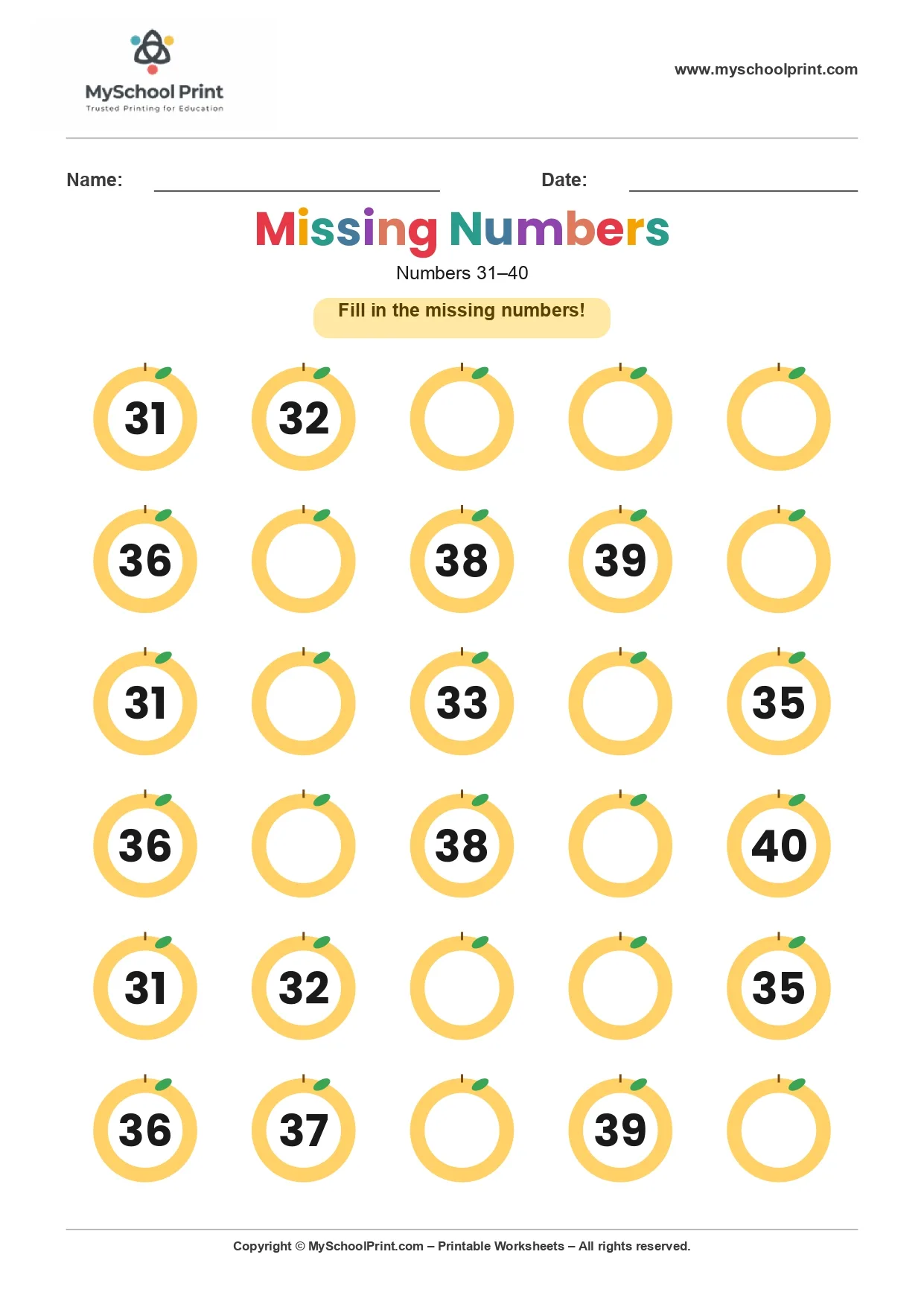 Missing numbers worksheet 36
