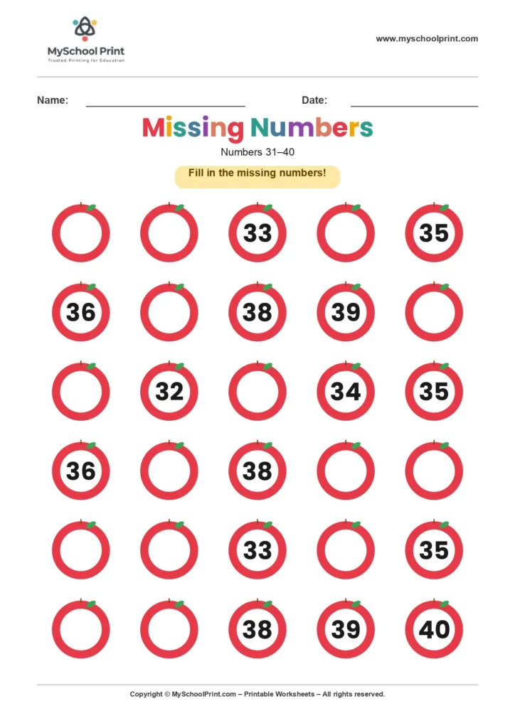 Missing numbers worksheet 37