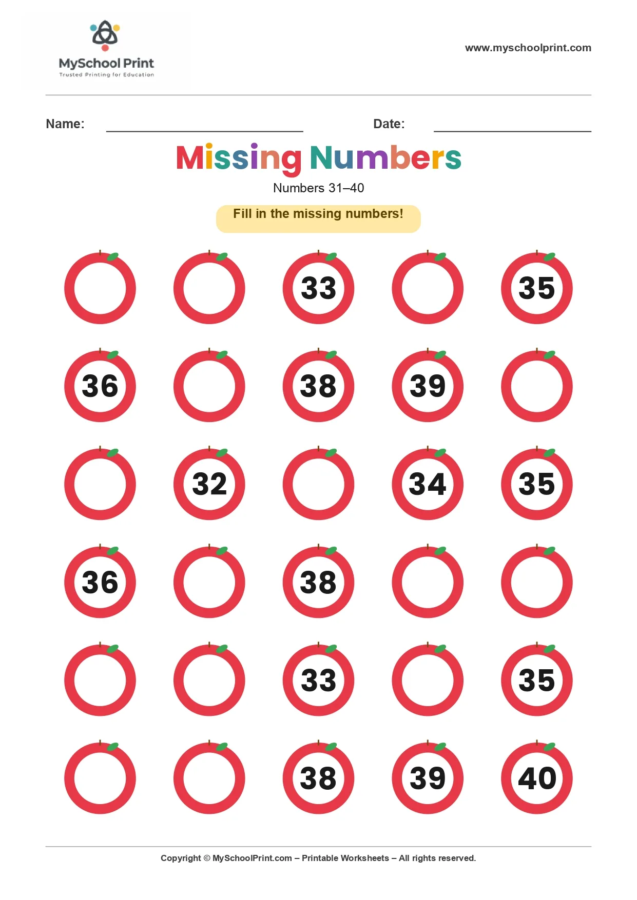 Missing numbers worksheet 37