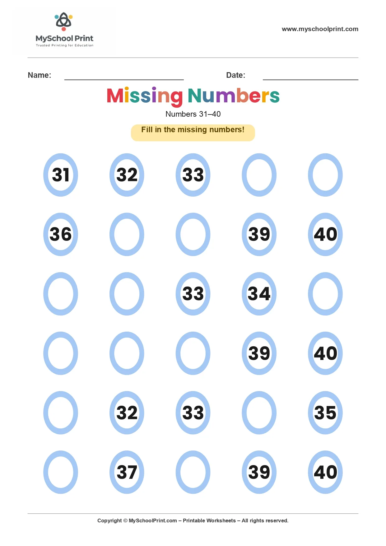 Missing numbers worksheet 38