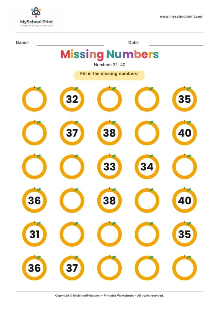 Missing numbers worksheet 39