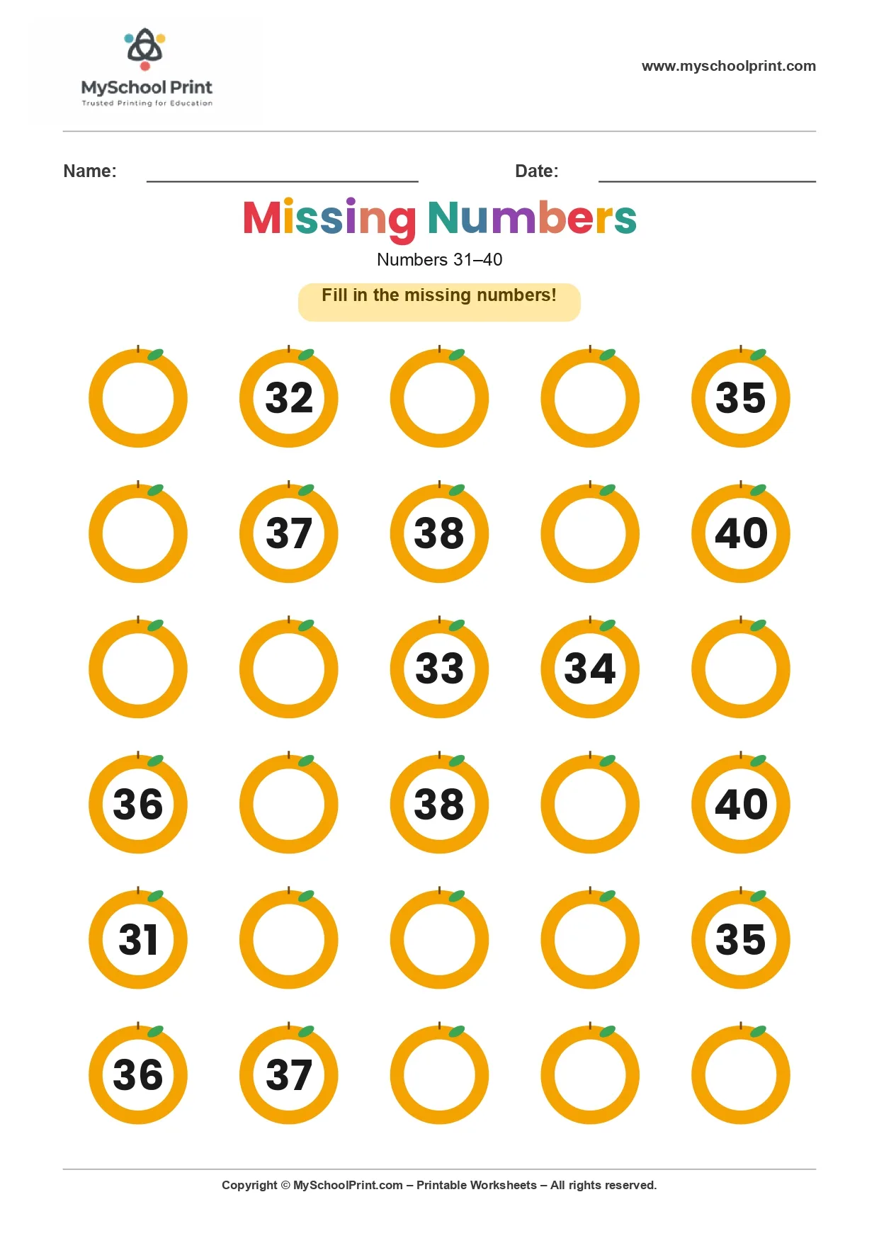 Missing numbers worksheet 39
