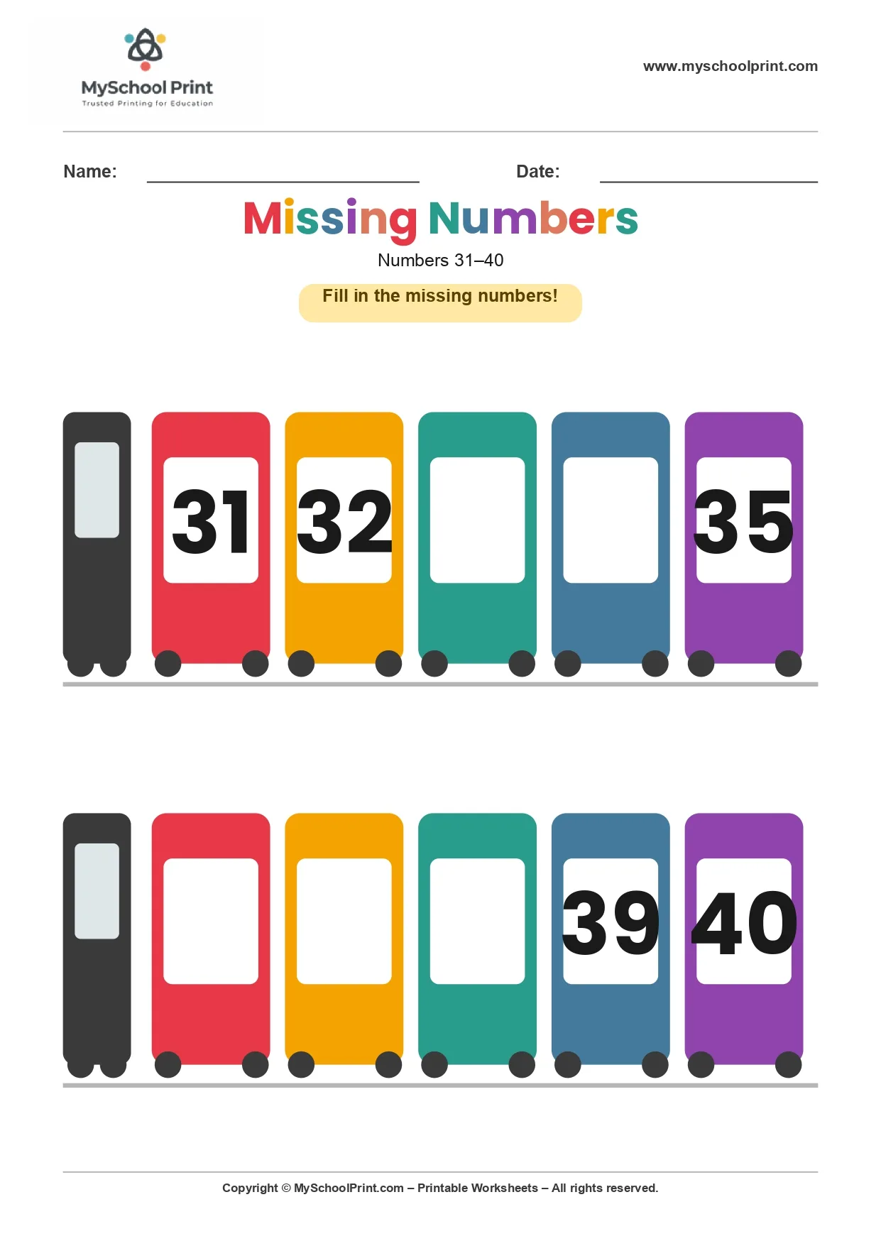 Missing numbers worksheet 40