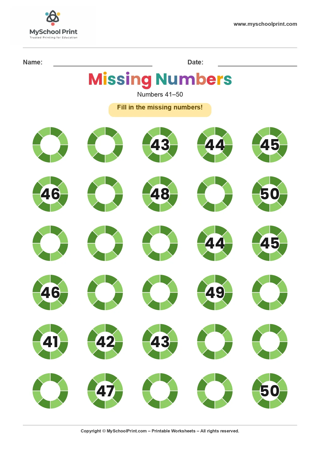 Missing numbers worksheet 42