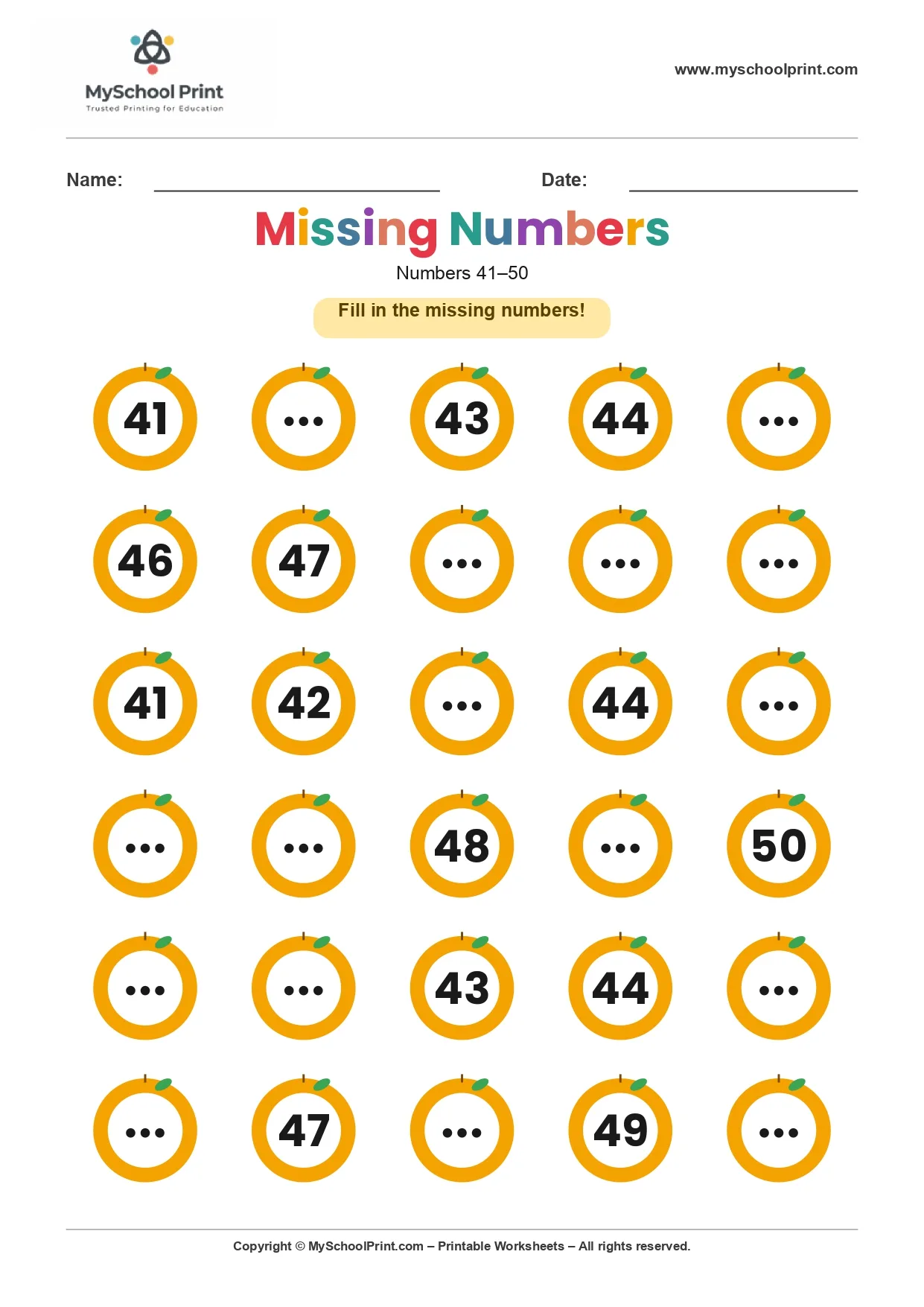Missing numbers worksheet 43