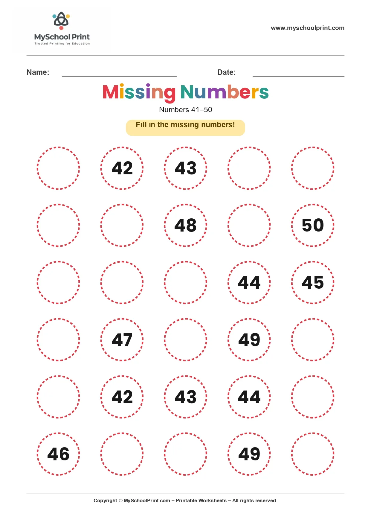 Missing numbers worksheet 45