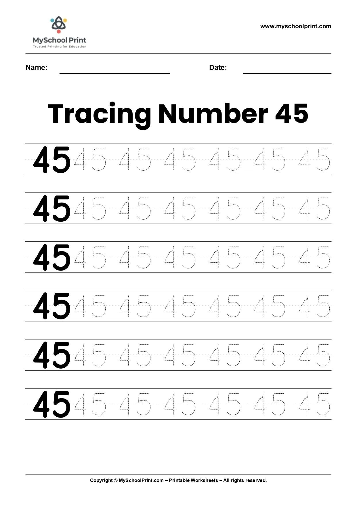 Number 45 tracing worksheet