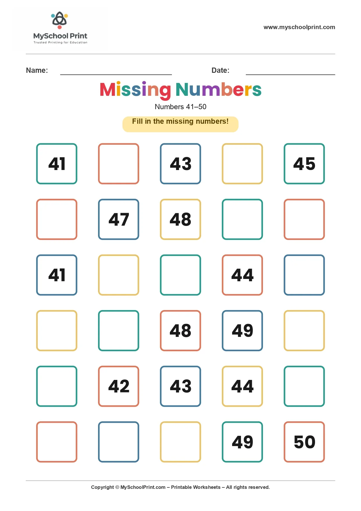 Missing numbers worksheet 47