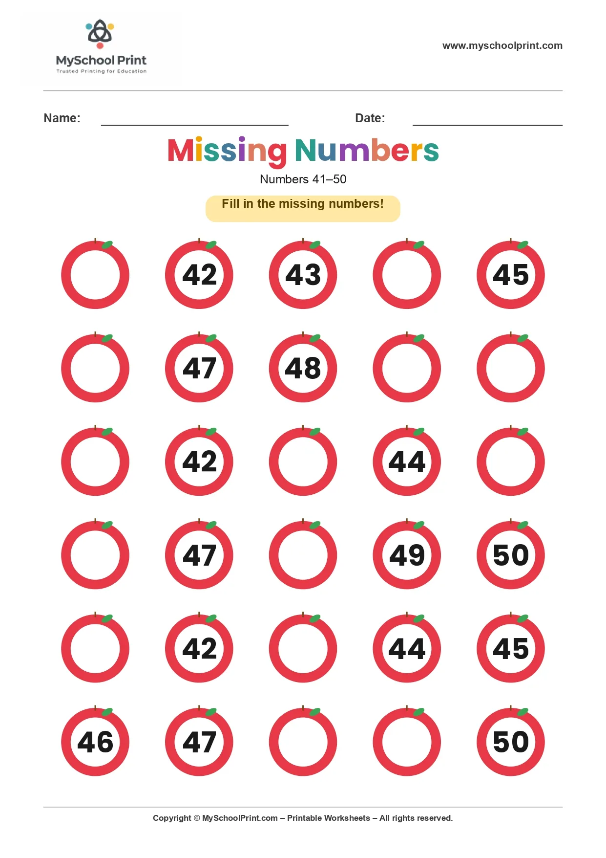 Missing numbers worksheet 49