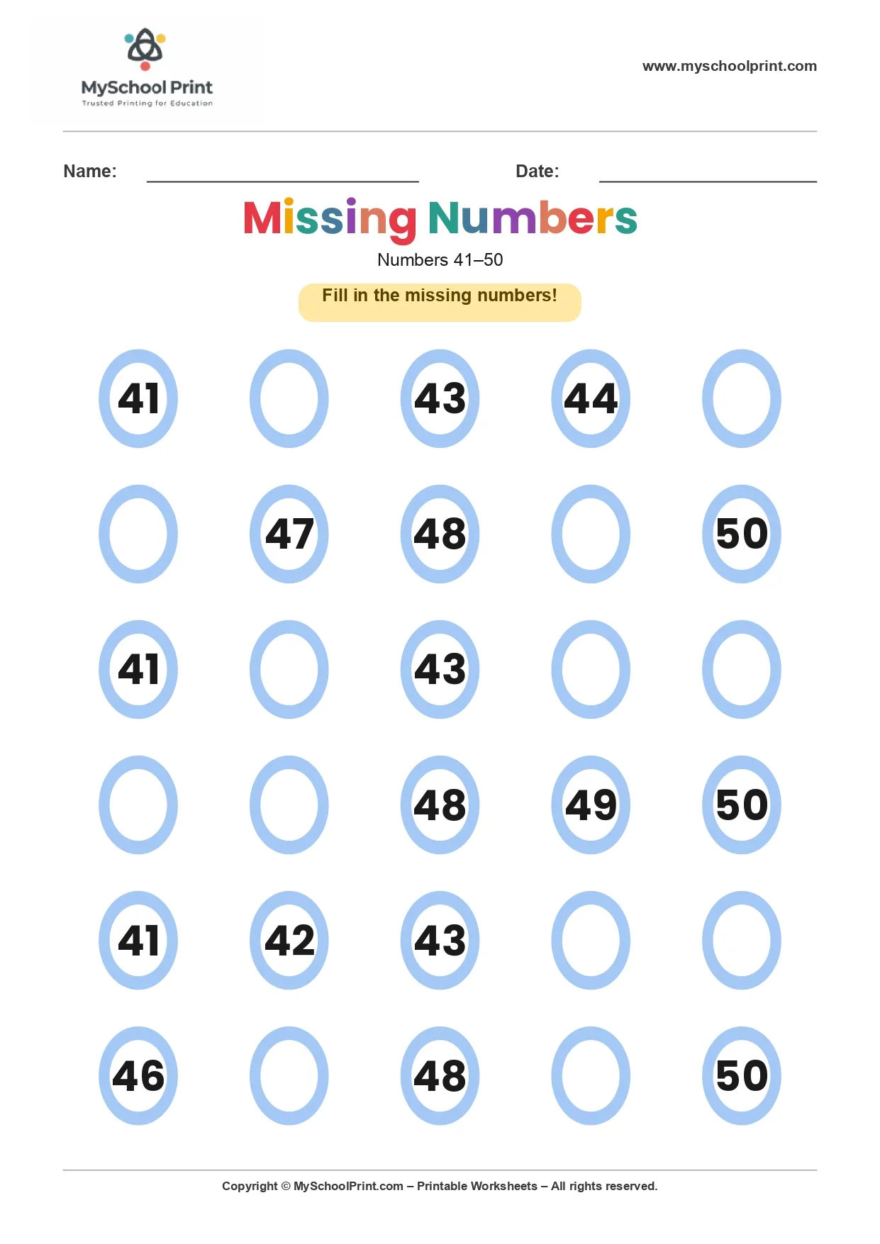 Missing numbers worksheet 50