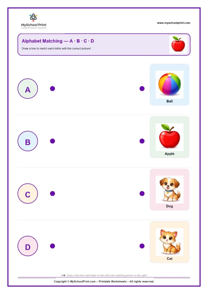 Uppercase letter matching worksheet A-D