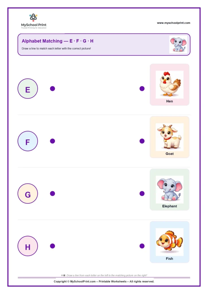 Uppercase letter matching worksheet E-H
