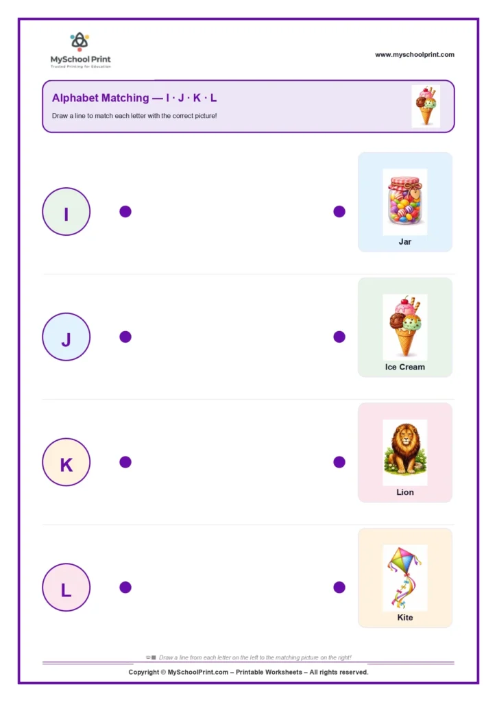 Uppercase letter matching worksheet I-L