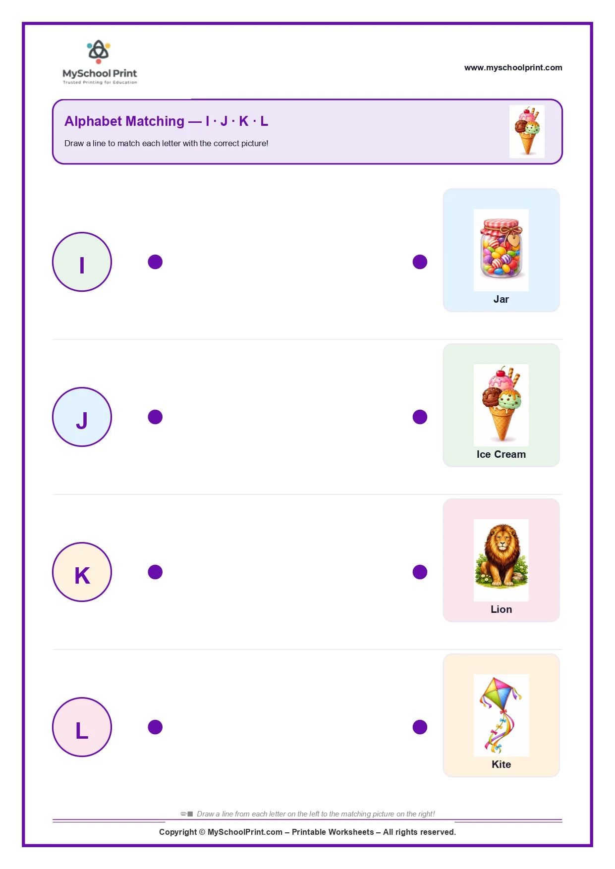Uppercase letter matching worksheet I-L