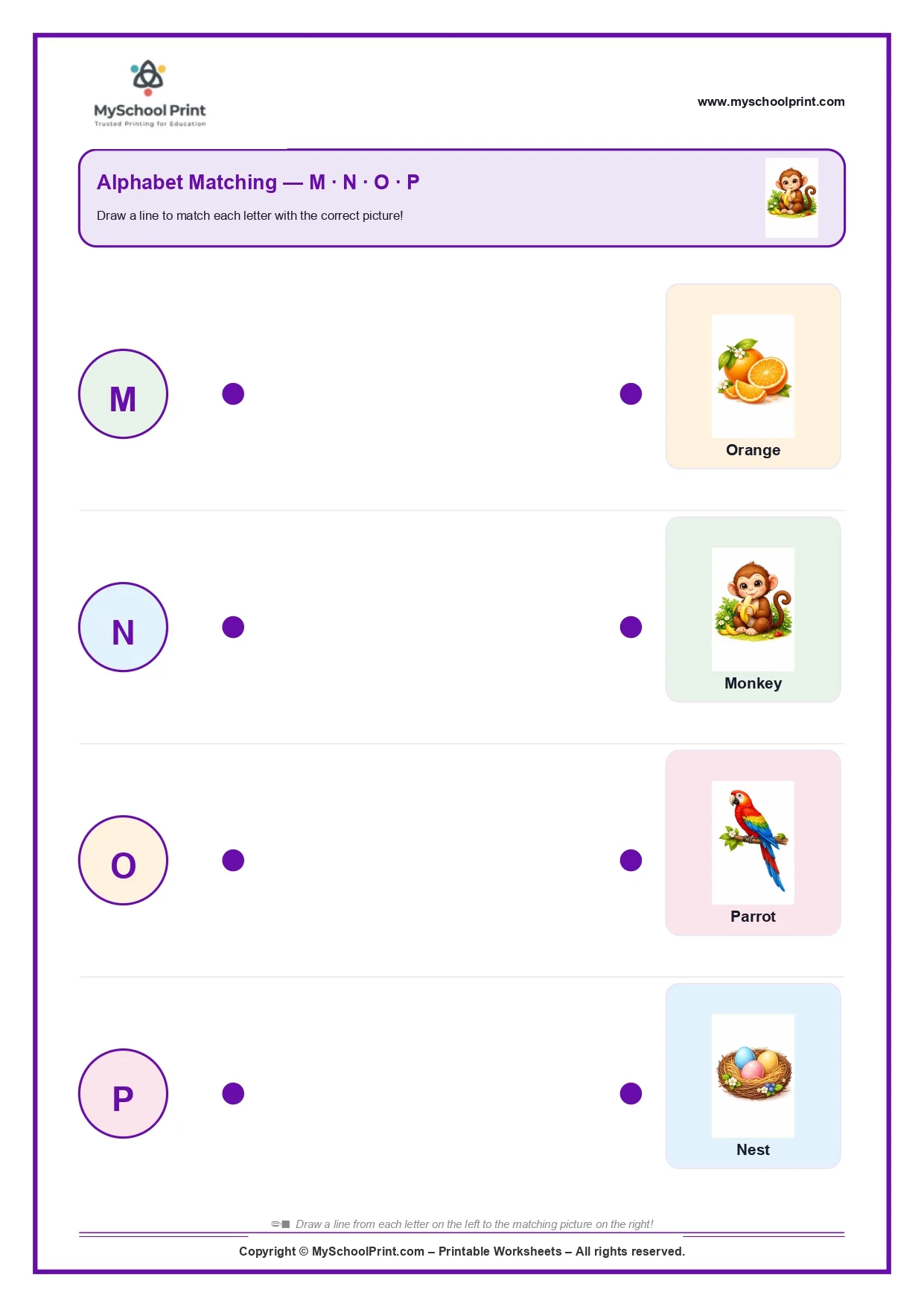 Uppercase letter matching worksheet M-P