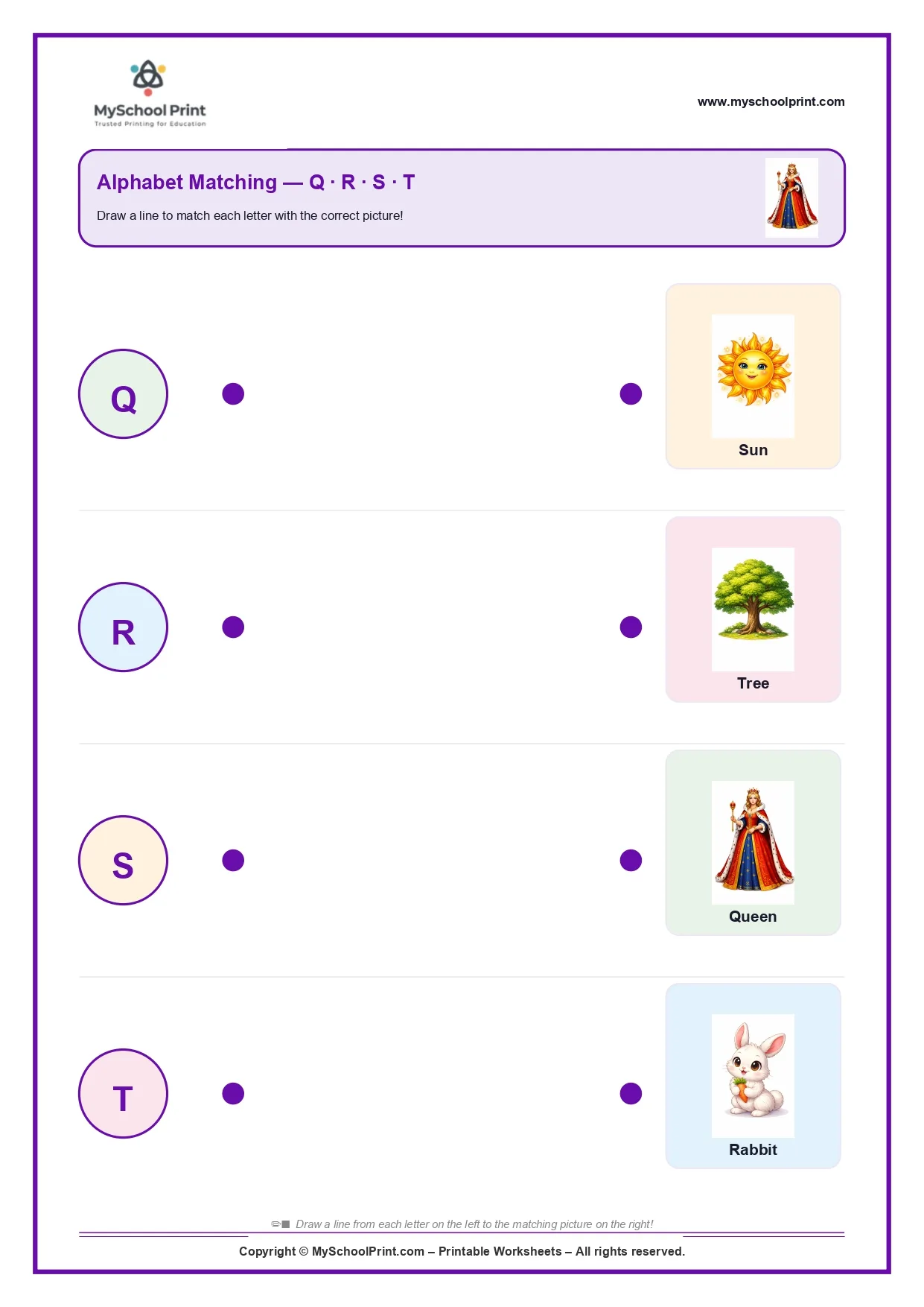 Uppercase letter matching worksheet Q-T
