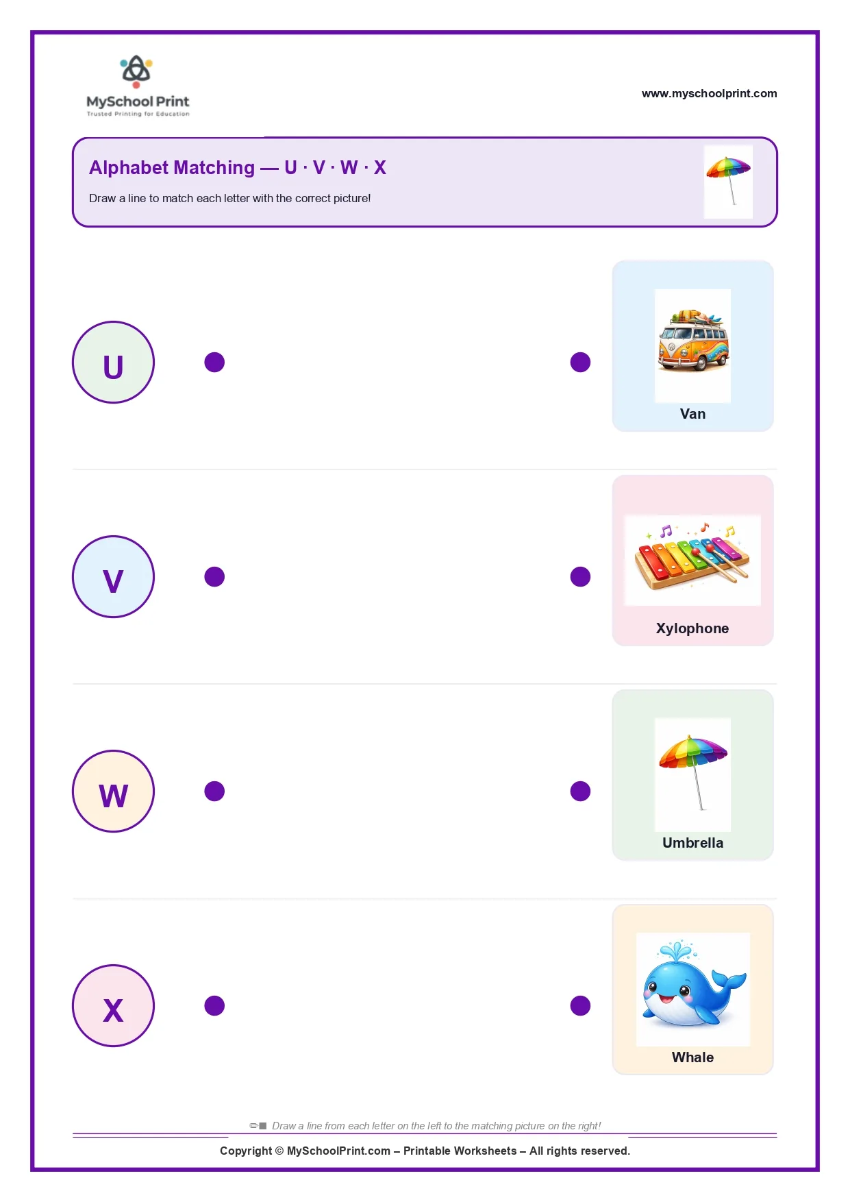 Uppercase letter matching worksheet U-X