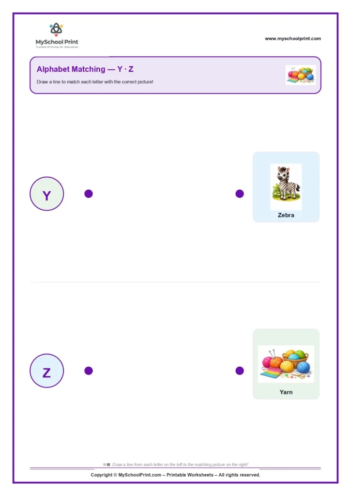 Uppercase letter matching worksheet Y-Z