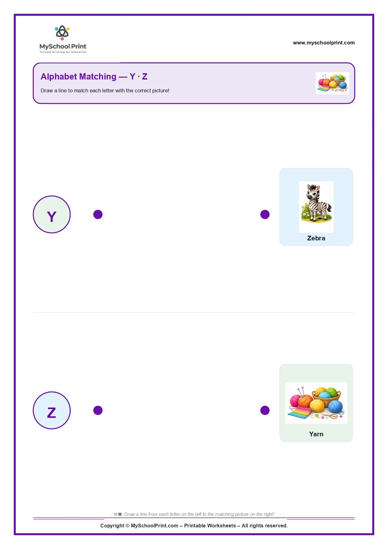 Uppercase letter matching worksheet Y-Z
