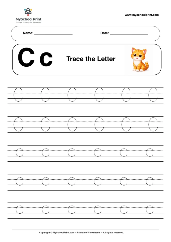 C tracing worksheet for preschool and kindergarten