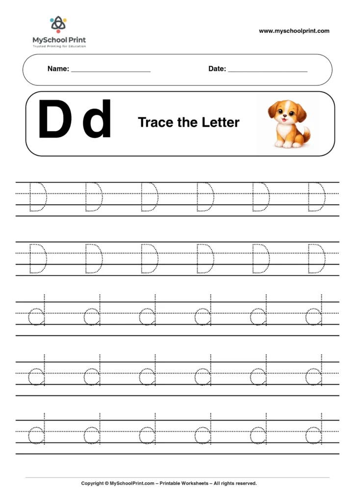 D tracing worksheet for preschool and kindergarten