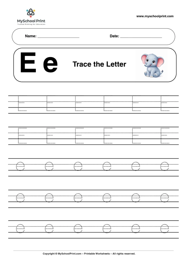 E tracing worksheet for preschool and kindergarten
